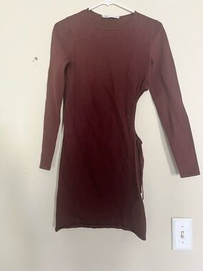 Zara Knit Long-Sleeve Side-Tie Cut-out Bodycon Dress in Brown